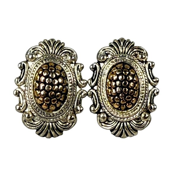 Vintage Ornate Silver & Gold-Tone Clip-On Earrings Women Classic Textured Design - Picture 1 of 16